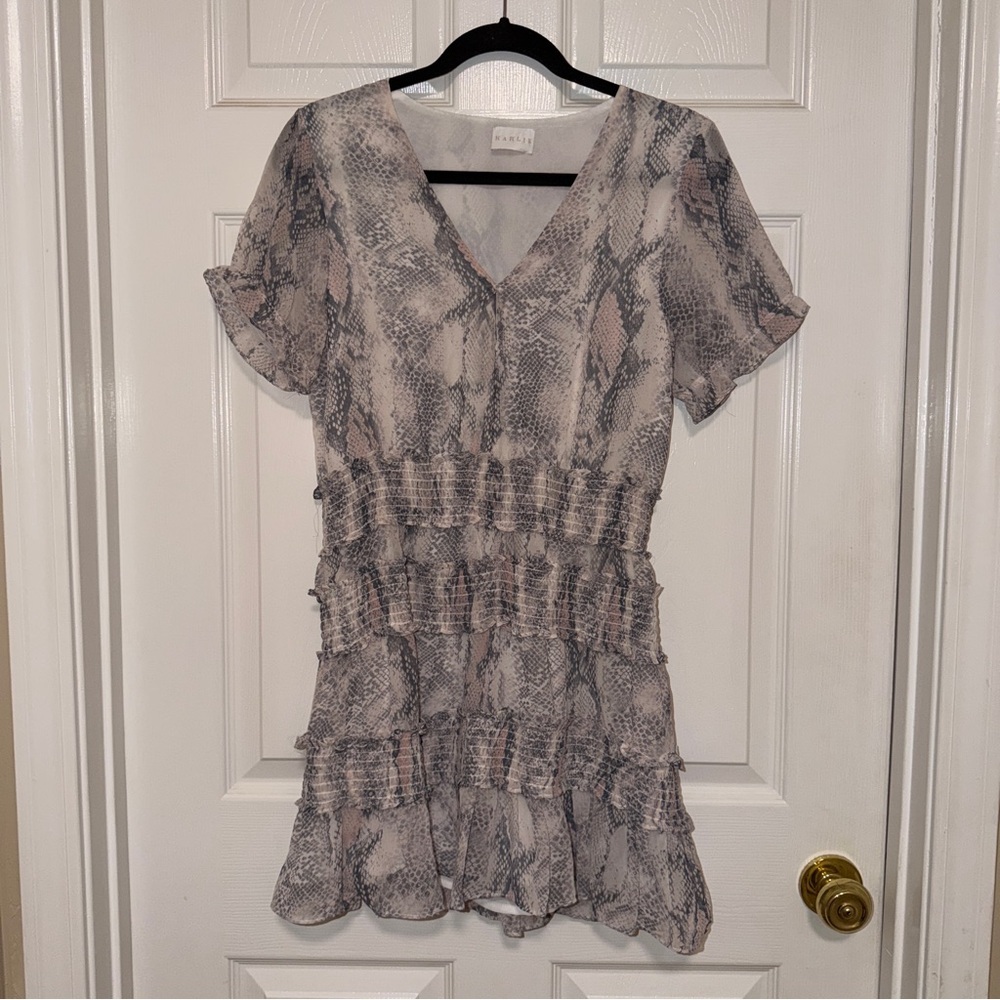 Karlie Snake-Print Ruffle Dress in Gray, Ivory, and Blush